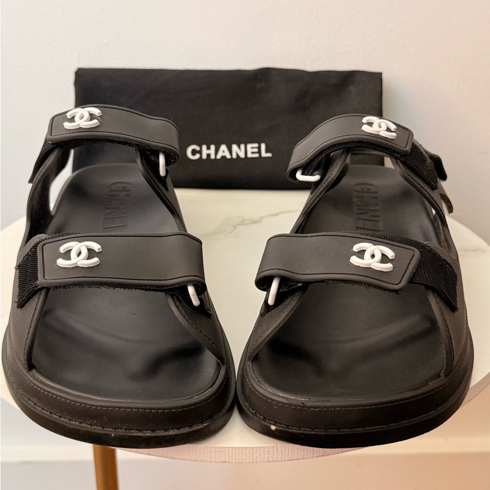 CHANEL Black Sandals with White Accents